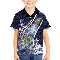 Personalised Pitcairn Islands Family Matching Off Shoulder Short Dress and Hawaiian Shirt Coat Of Arms Waves Style DT05 Son's Shirt Navy - Polynesian Pride