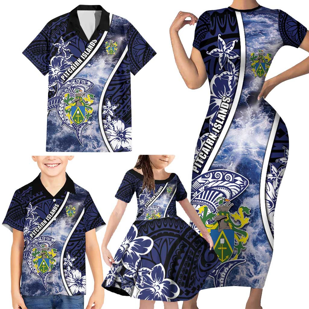 Personalised Pitcairn Islands Family Matching Short Sleeve Bodycon Dress and Hawaiian Shirt Coat Of Arms Waves Style DT05 - Polynesian Pride