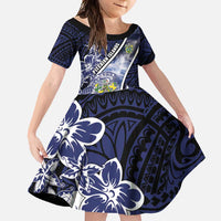 Personalised Pitcairn Islands Family Matching Tank Maxi Dress and Hawaiian Shirt Coat Of Arms Waves Style DT05 Daughter's Dress Navy - Polynesian Pride