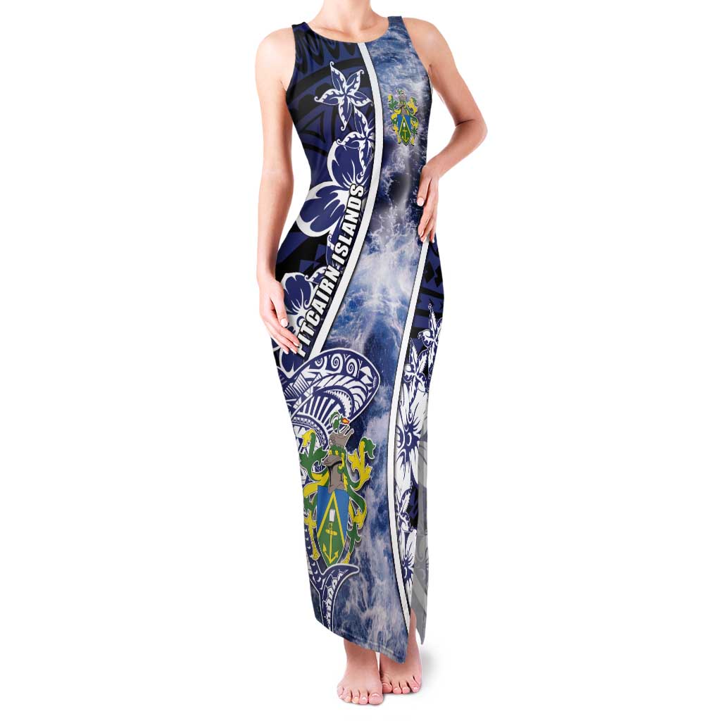 Personalised Pitcairn Islands Family Matching Tank Maxi Dress and Hawaiian Shirt Coat Of Arms Waves Style DT05 Mom's Dress Navy - Polynesian Pride
