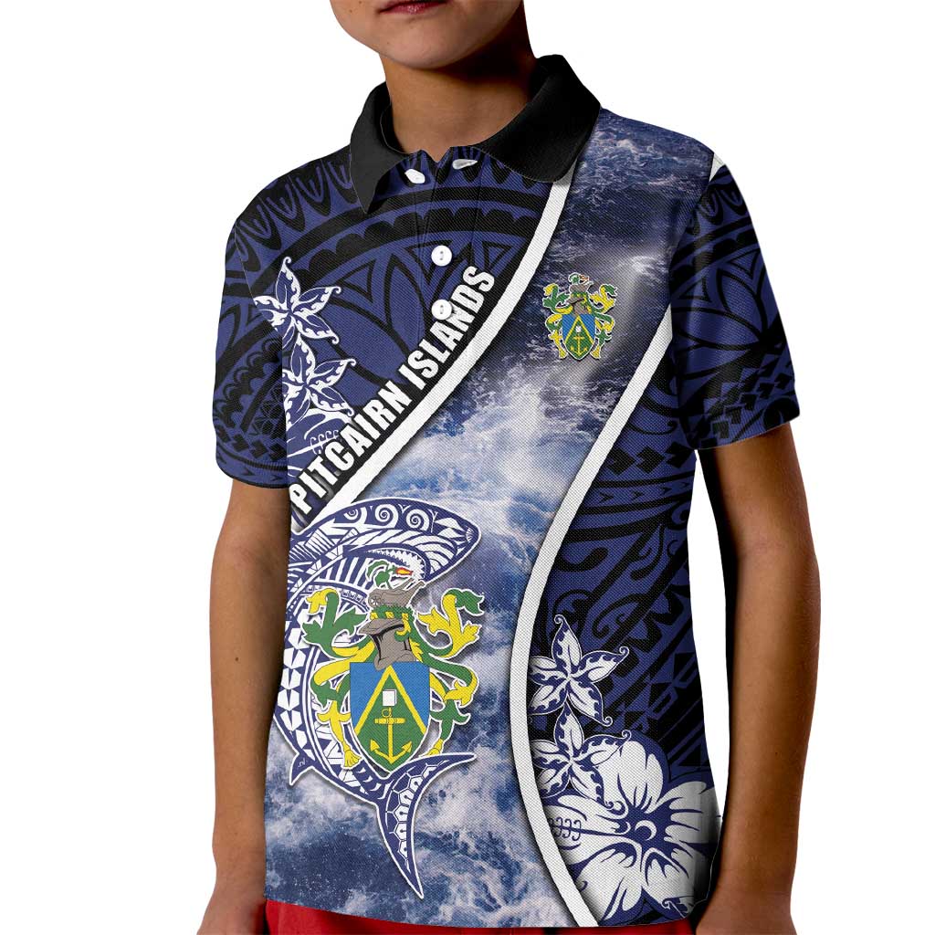 Personalised Pitcairn Islands Kid Polo Shirt Coat Of Arms Waves Style DT05 Kid Navy - Polynesian Pride