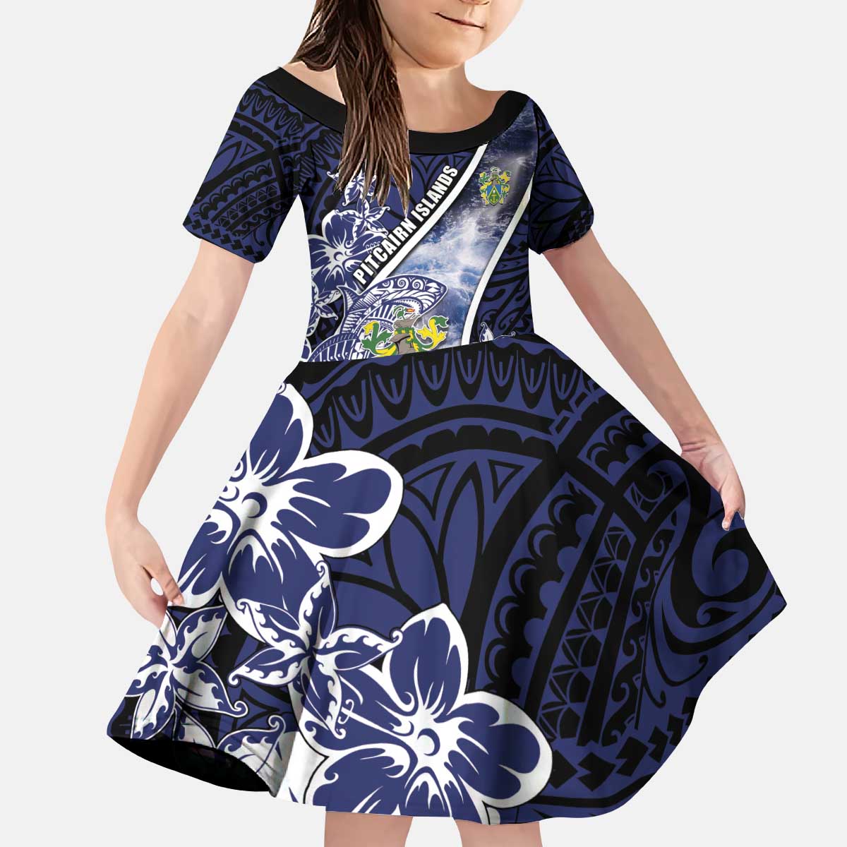 Personalised Pitcairn Islands Kid Short Sleeve Dress Coat Of Arms Waves Style