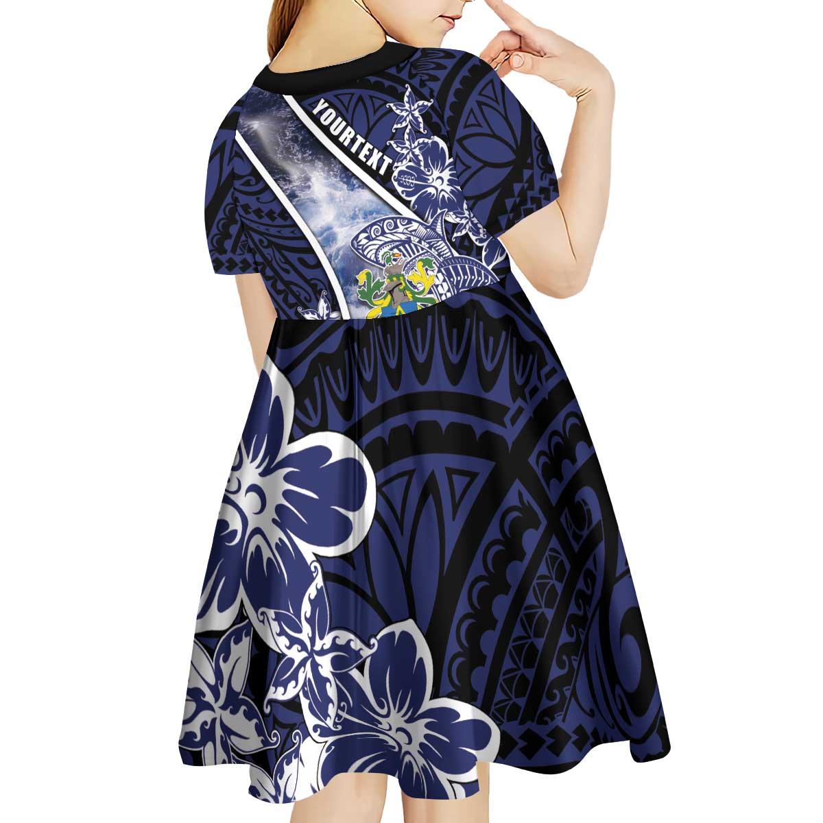 Personalised Pitcairn Islands Kid Short Sleeve Dress Coat Of Arms Waves Style