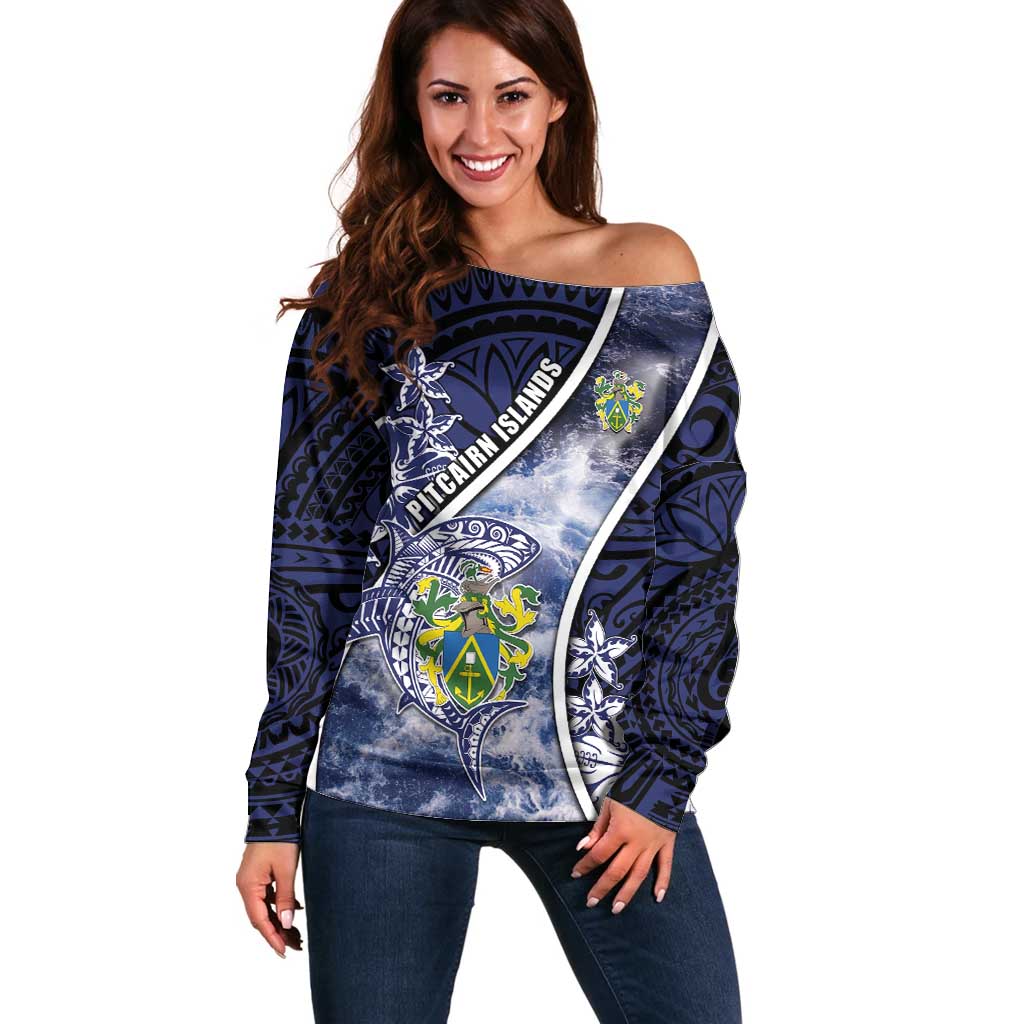 Personalised Pitcairn Islands Off Shoulder Sweater Coat Of Arms Waves Style DT05 Women Navy - Polynesian Pride