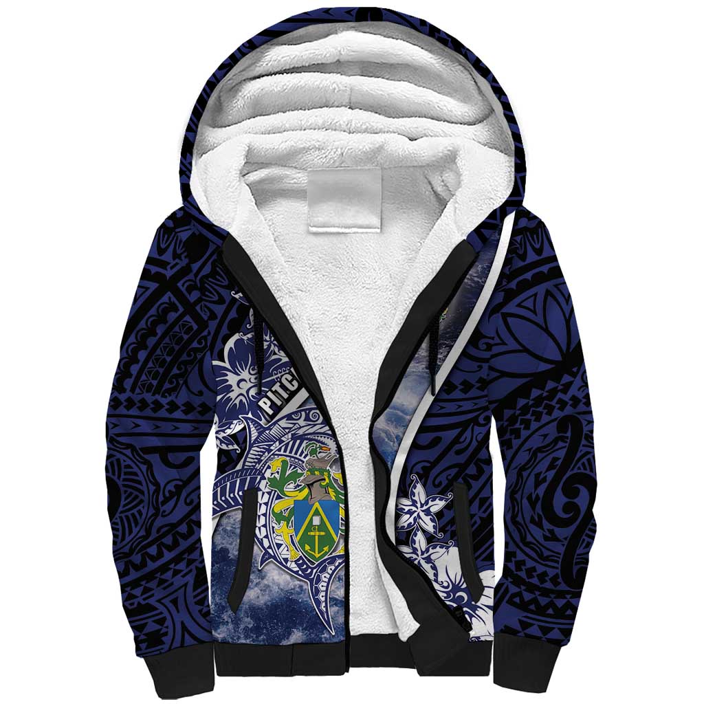 Personalised Pitcairn Islands Sherpa Hoodie Coat Of Arms Waves Style DT05 Unisex Navy - Polynesian Pride