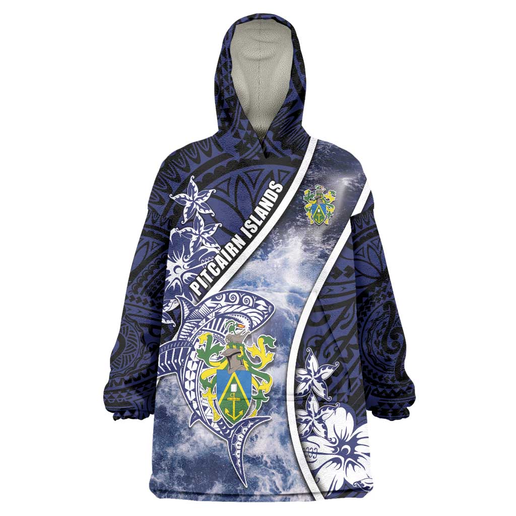 Personalised Pitcairn Islands Wearable Blanket Hoodie Coat Of Arms Waves Style DT05 One Size Navy - Polynesian Pride