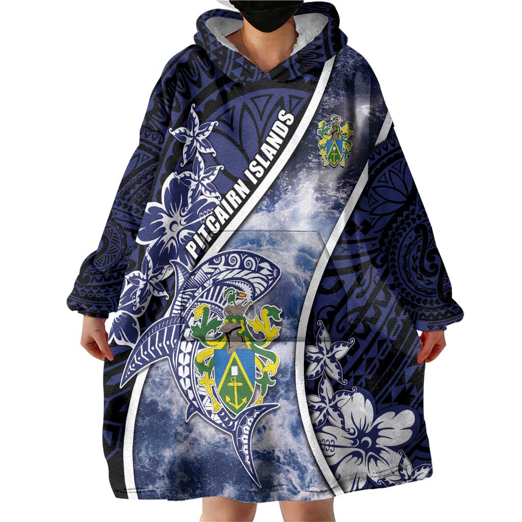 Personalised Pitcairn Islands Wearable Blanket Hoodie Coat Of Arms Waves Style DT05 - Polynesian Pride