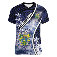 Personalised Pitcairn Islands Women V-Neck T-Shirt Coat Of Arms Waves Style DT05 Female Navy - Polynesian Pride