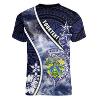 Personalised Pitcairn Islands Women V-Neck T-Shirt Coat Of Arms Waves Style DT05 - Polynesian Pride