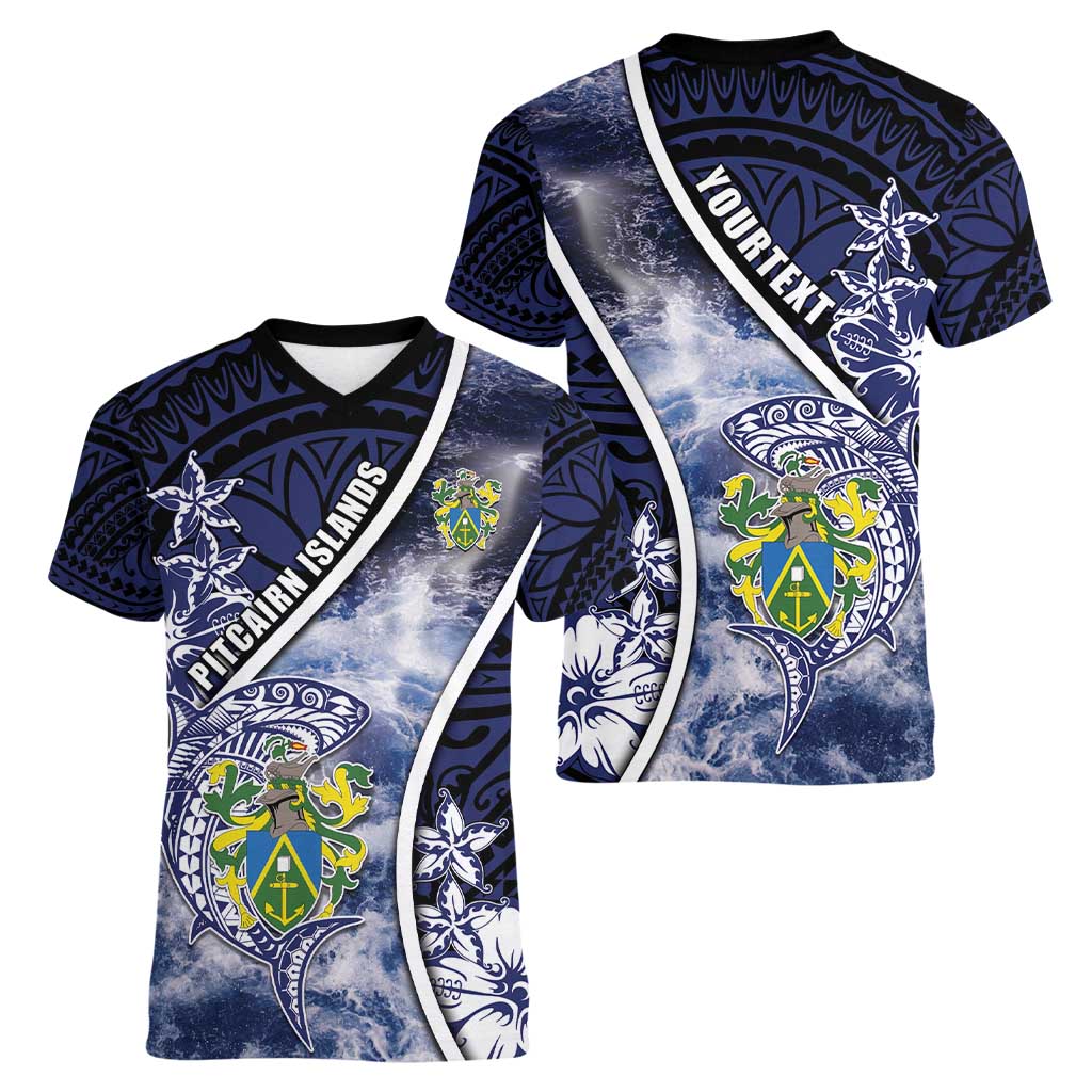 Personalised Pitcairn Islands Women V-Neck T-Shirt Coat Of Arms Waves Style DT05 - Polynesian Pride