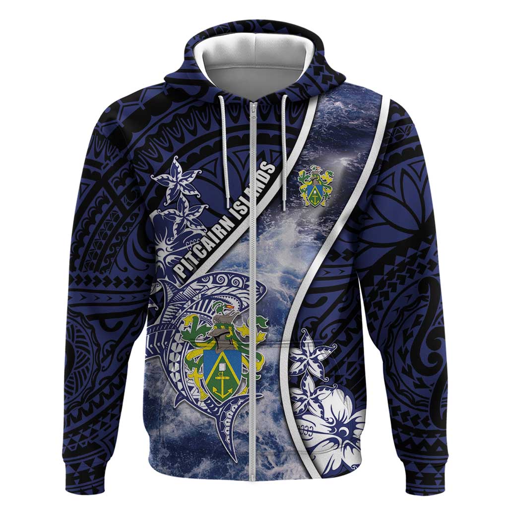 Personalised Pitcairn Islands Zip Hoodie Coat Of Arms Waves Style DT05 Zip Hoodie Navy - Polynesian Pride
