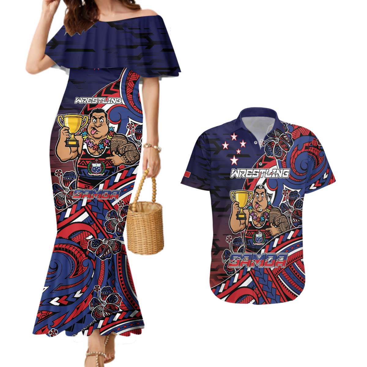 Personalised Samoa Wrestling Couples Matching Mermaid Dress and Hawaiian Shirt Polynesian Warrior Funny Style - Polynesian Pride