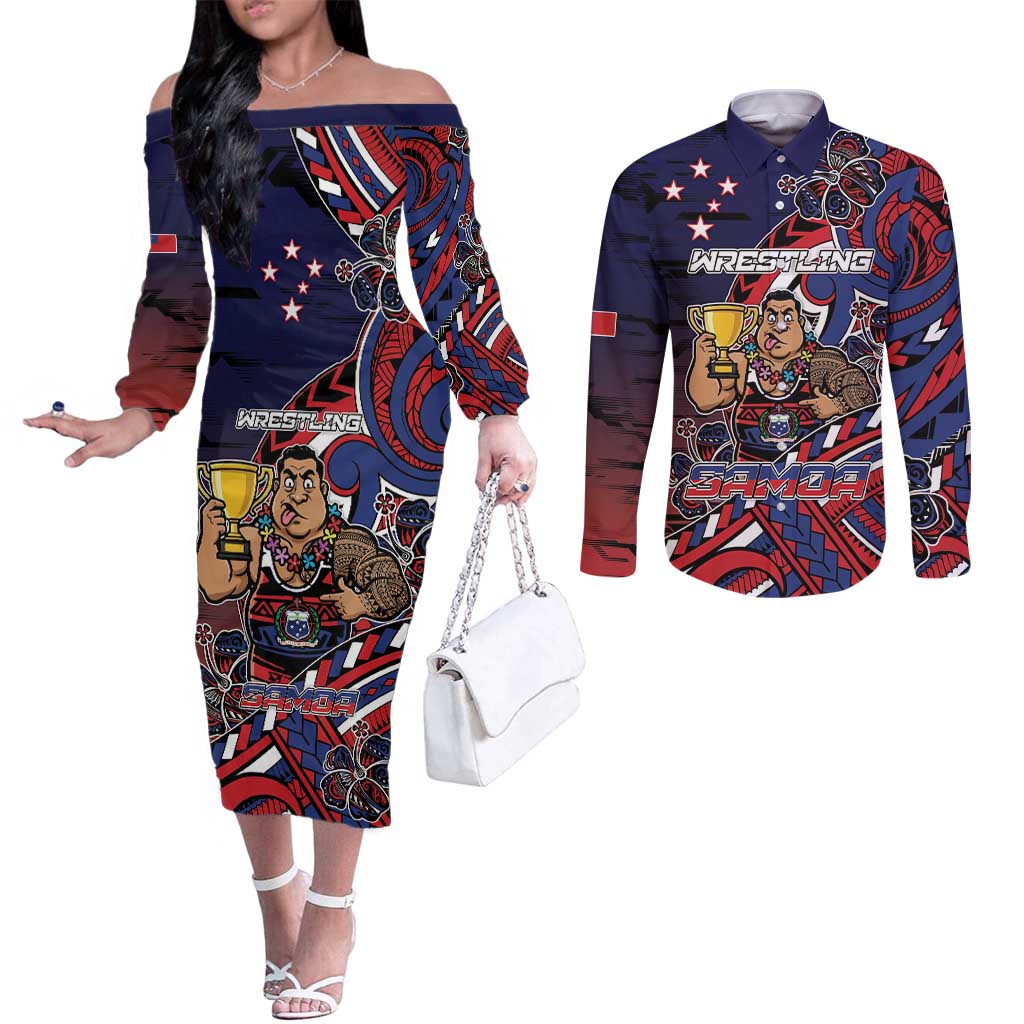 Personalised Samoa Wrestling Couples Matching Off The Shoulder Long Sleeve Dress and Long Sleeve Button Shirt Polynesian Warrior Funny Style - Polynesian Pride