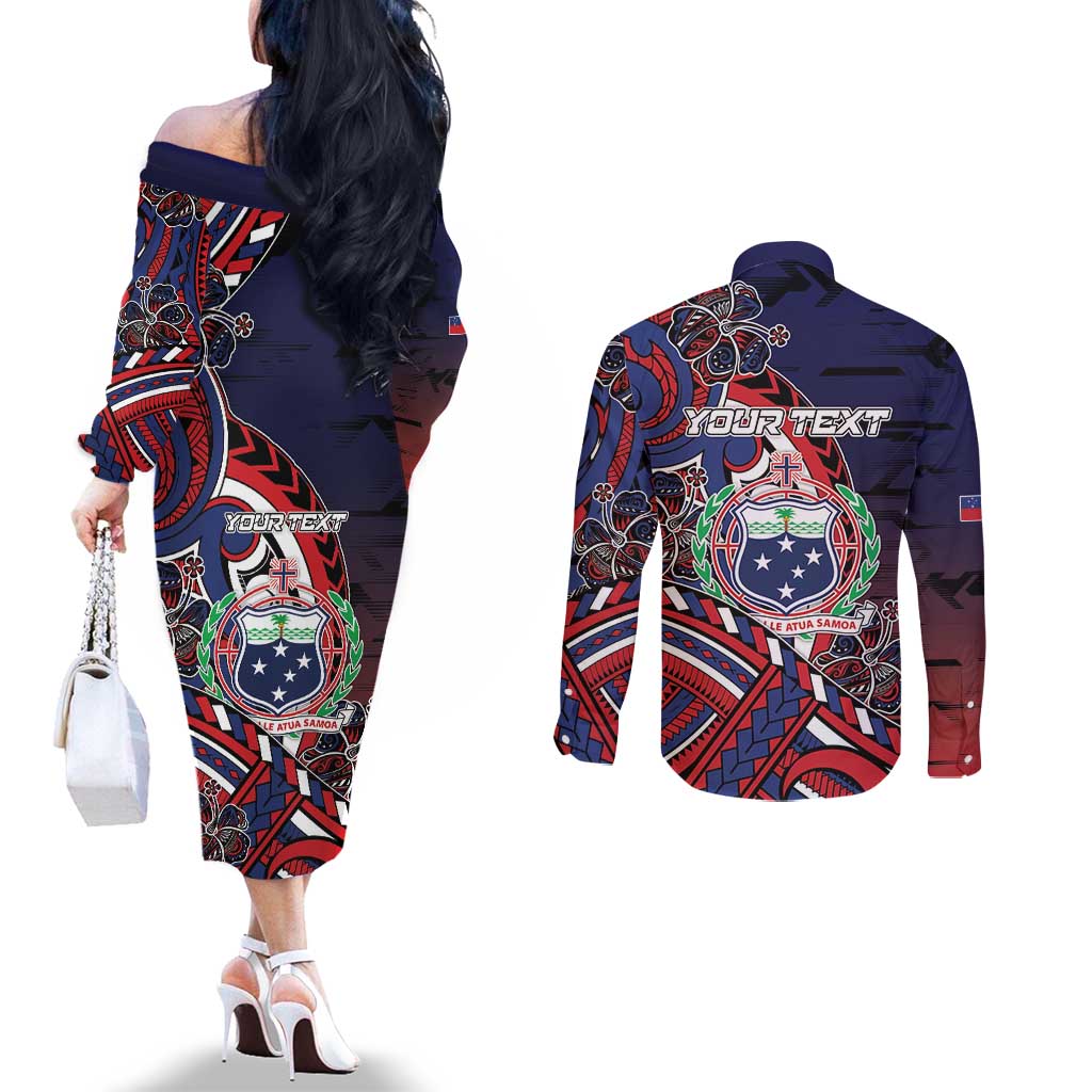 Personalised Samoa Wrestling Couples Matching Off The Shoulder Long Sleeve Dress and Long Sleeve Button Shirt Polynesian Warrior Funny Style - Polynesian Pride