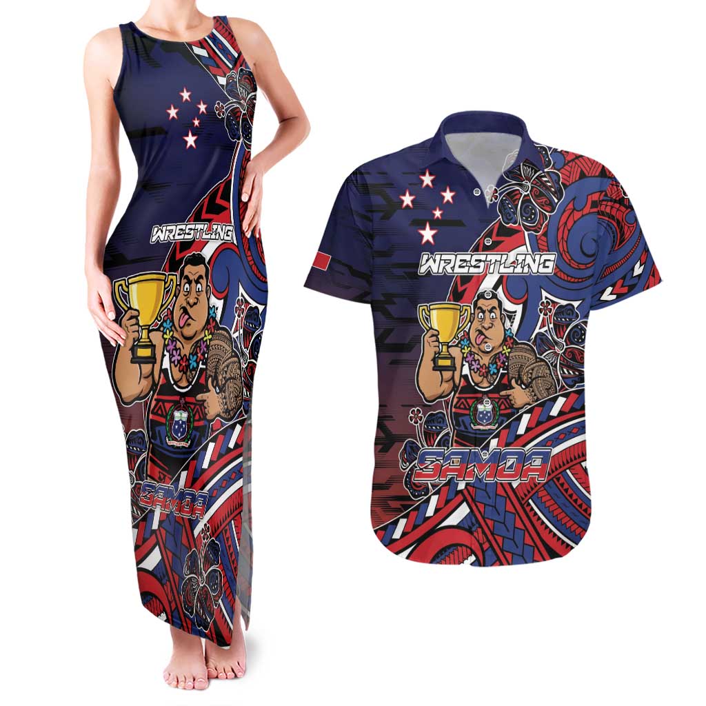 Personalised Samoa Wrestling Couples Matching Tank Maxi Dress and Hawaiian Shirt Polynesian Warrior Funny Style - Polynesian Pride