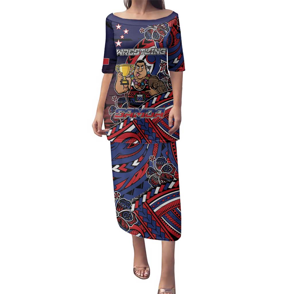 Personalised Samoa Wrestling Family Matching Puletasi and Hawaiian Shirt Polynesian Warrior Funny Style DT05 Mom's Dress Navy - Polynesian Pride