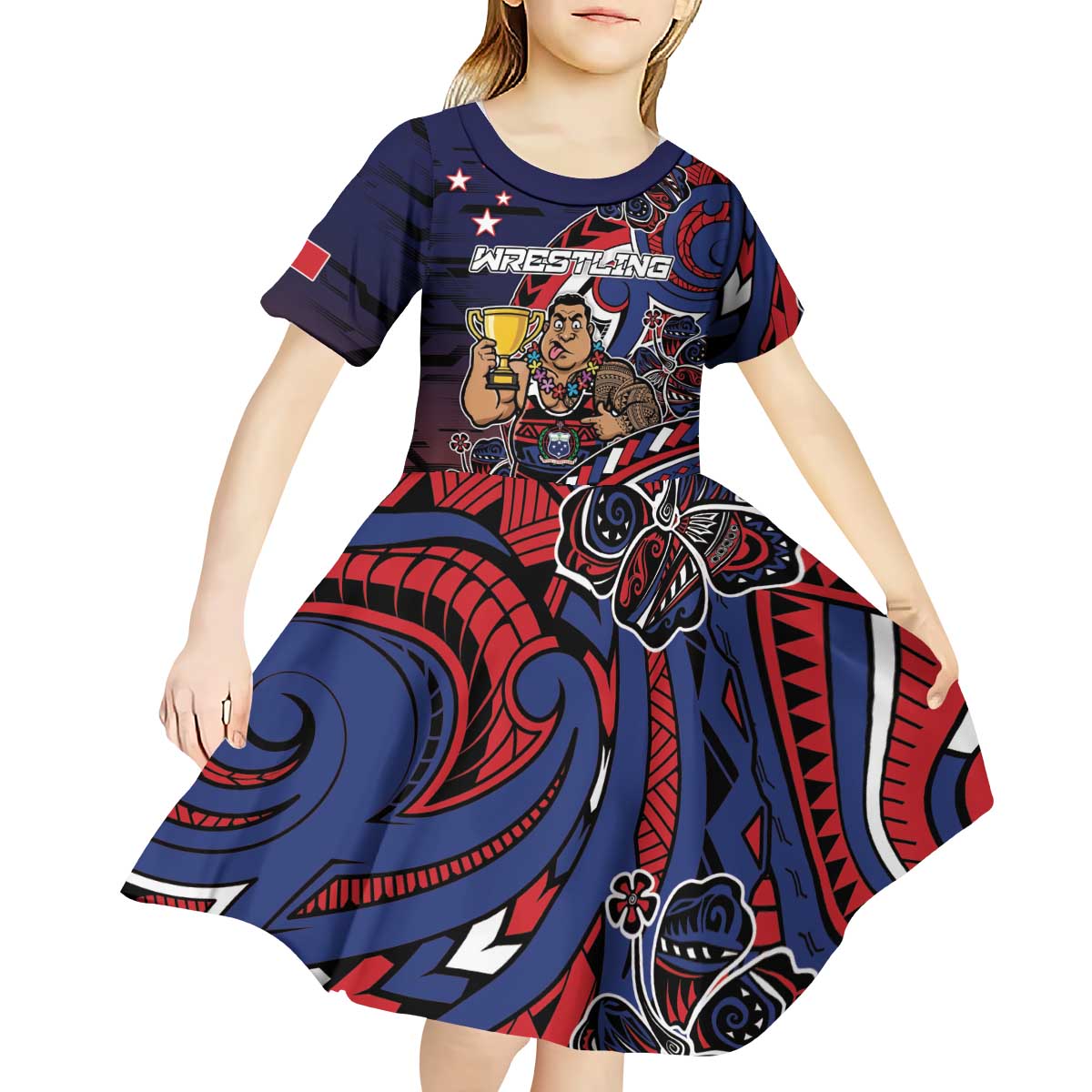Personalised Samoa Wrestling Kid Short Sleeve Dress Polynesian Warrior Funny Style - Polynesian Pride