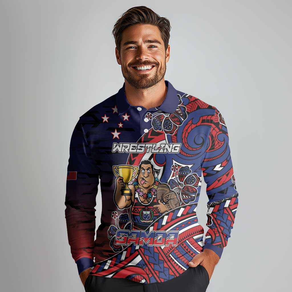 Personalised Samoa Wrestling Long Sleeve Polo Shirt Polynesian Warrior Funny Style - Polynesian Pride