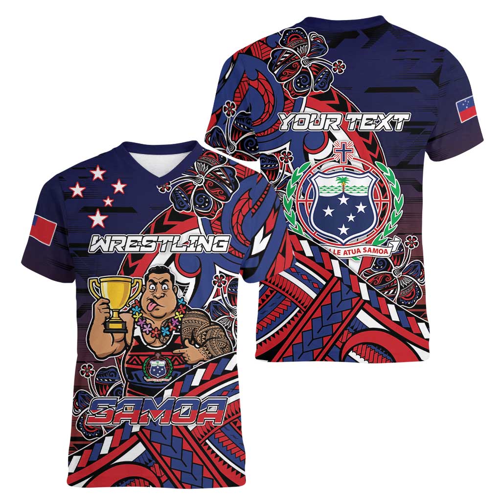 Personalised Samoa Wrestling Women V-Neck T-Shirt Polynesian Warrior Funny Style - Polynesian Pride