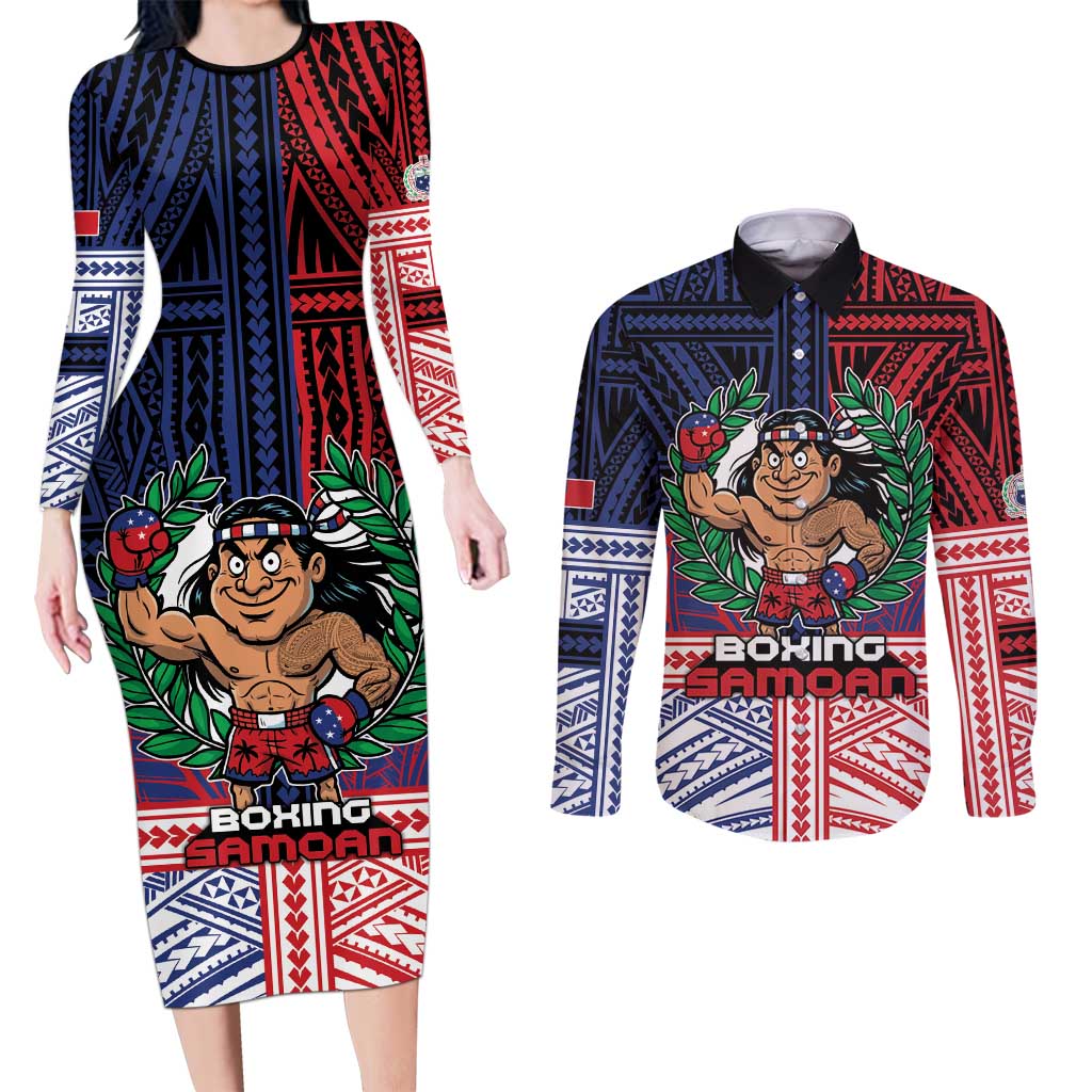Personalised Samoa Boxing Couples Matching Long Sleeve Bodycon Dress and Long Sleeve Button Shirt Samoan Boxer Funny Style - Polynesian Pride
