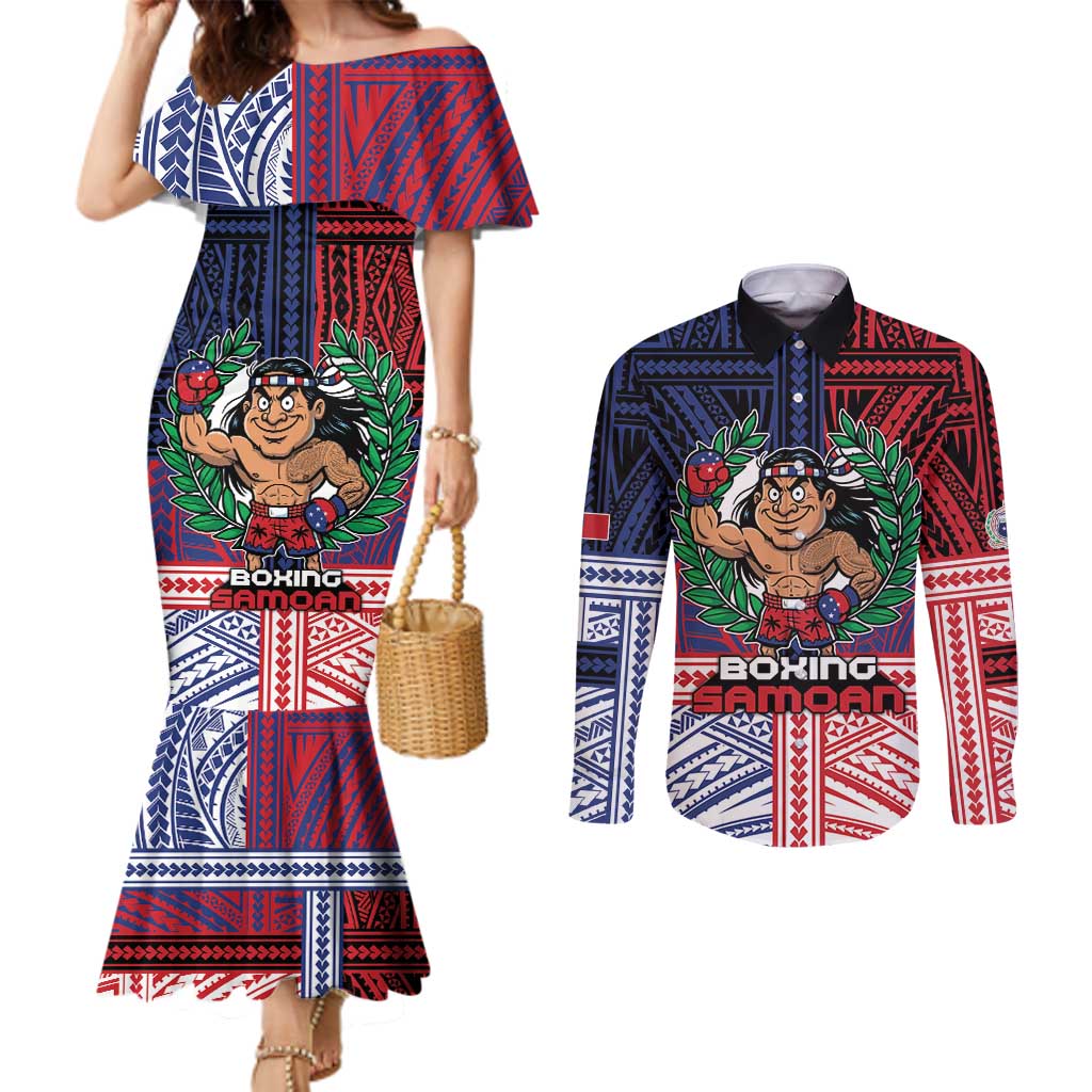 Personalised Samoa Boxing Couples Matching Mermaid Dress and Long Sleeve Button Shirt Samoan Boxer Funny Style - Polynesian Pride