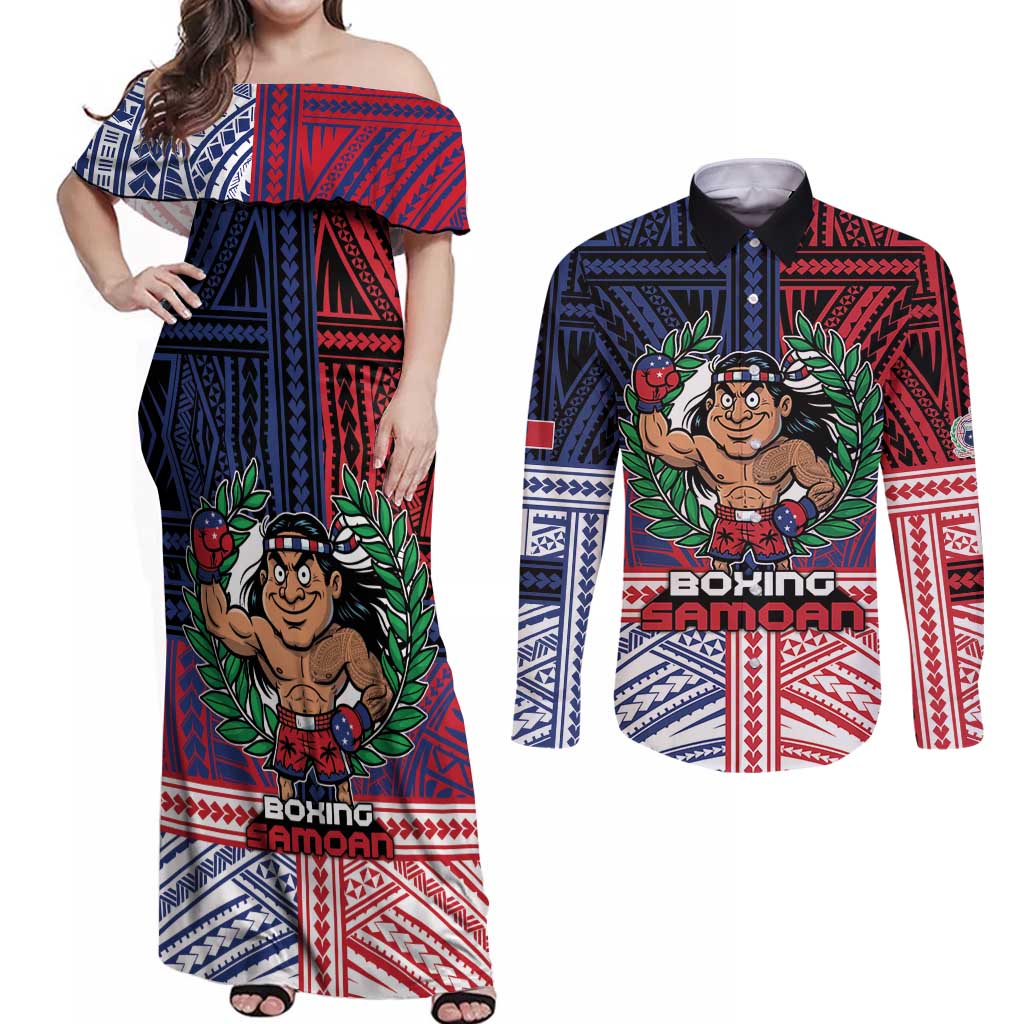 Personalised Samoa Boxing Couples Matching Off Shoulder Maxi Dress and Long Sleeve Button Shirt Samoan Boxer Funny Style - Polynesian Pride