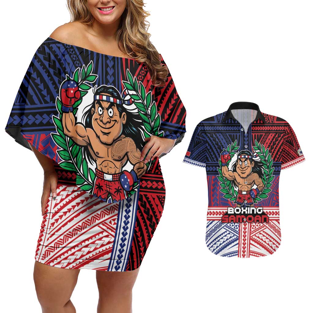 Personalised Samoa Boxing Couples Matching Off Shoulder Short Dress and Hawaiian Shirt Samoan Boxer Funny Style - Polynesian Pride