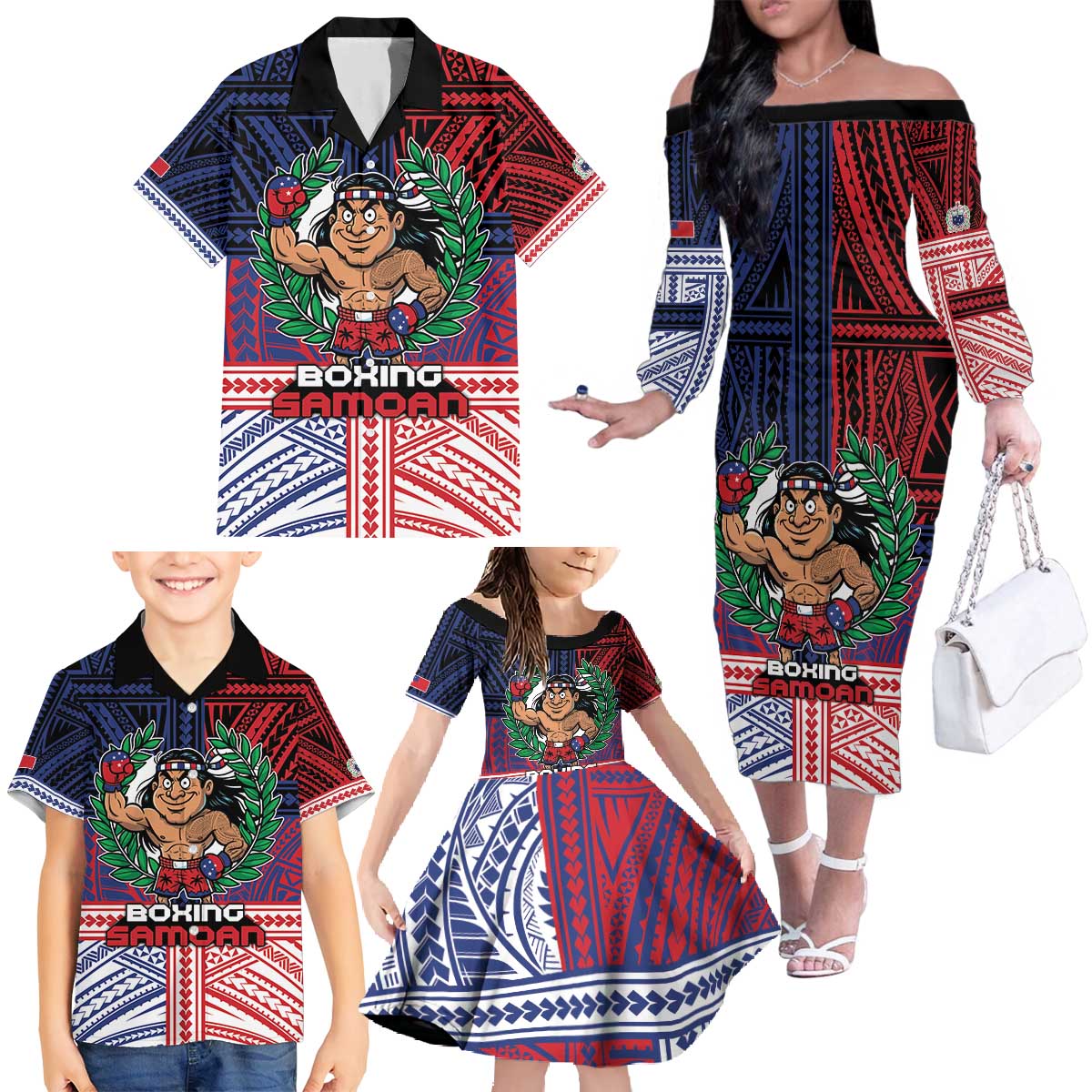 Personalised Samoa Boxing Family Matching Off The Shoulder Long Sleeve Dress and Hawaiian Shirt Samoan Boxer Funny Style - Polynesian Pride