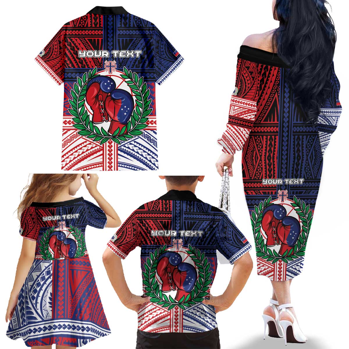 Personalised Samoa Boxing Family Matching Off The Shoulder Long Sleeve Dress and Hawaiian Shirt Samoan Boxer Funny Style - Polynesian Pride