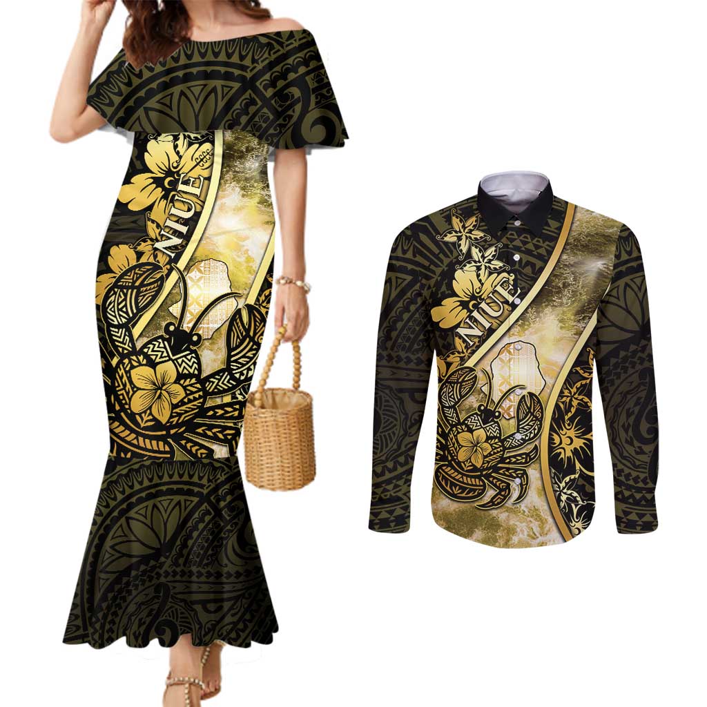 Personalised Niue Couples Matching Mermaid Dress and Long Sleeve Button Shirt Niuean Crab Waves Style