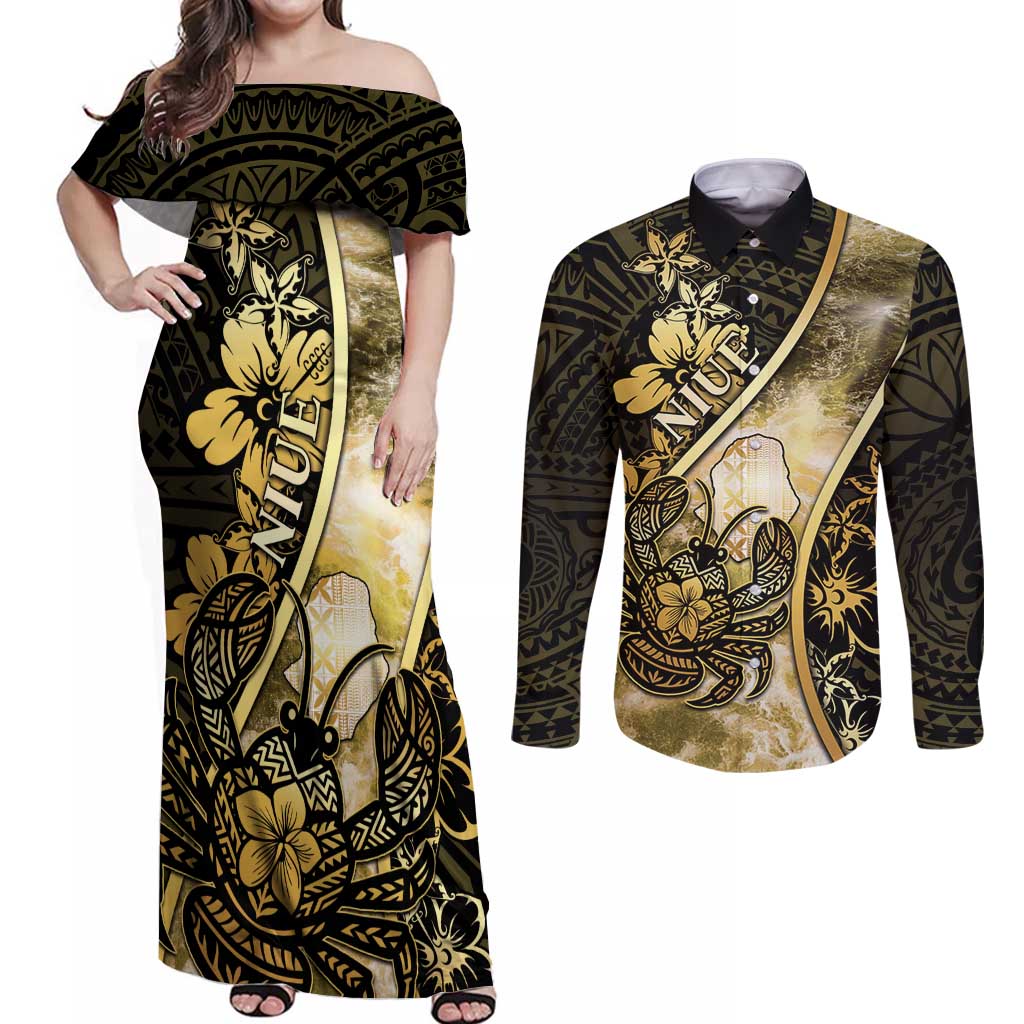 Personalised Niue Couples Matching Off Shoulder Maxi Dress and Long Sleeve Button Shirt Niuean Crab Waves Style
