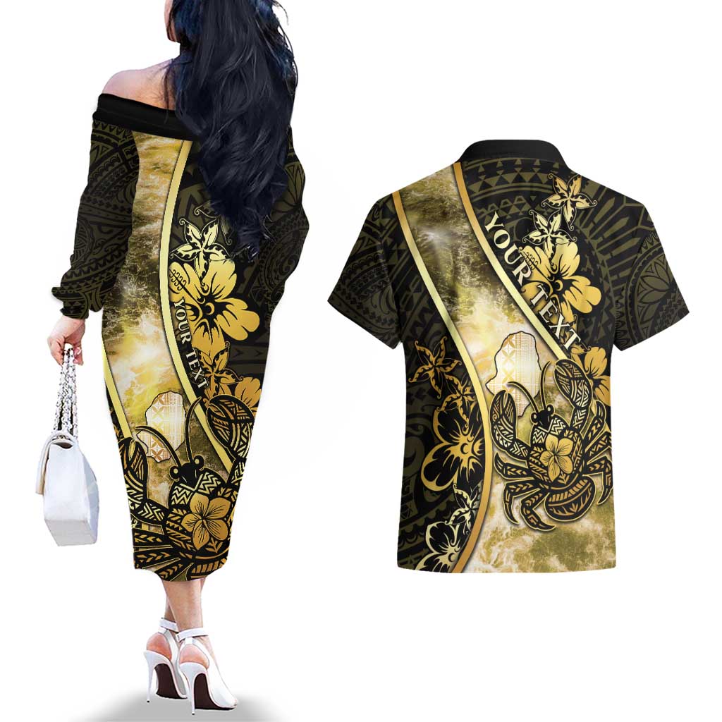 Personalised Niue Couples Matching Off The Shoulder Long Sleeve Dress and Hawaiian Shirt Niuean Crab Waves Style