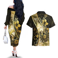 Personalised Niue Couples Matching Off The Shoulder Long Sleeve Dress and Hawaiian Shirt Niuean Crab Waves Style