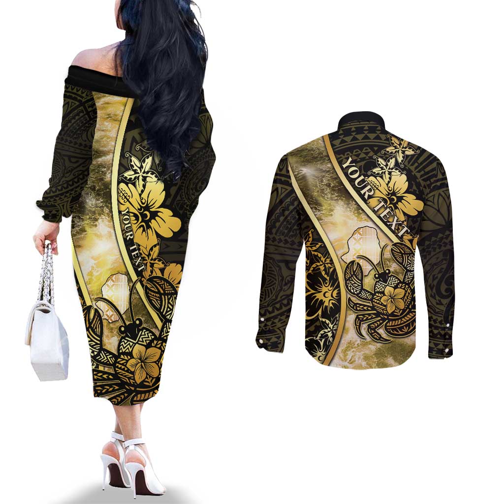 Personalised Niue Couples Matching Off The Shoulder Long Sleeve Dress and Long Sleeve Button Shirt Niuean Crab Waves Style