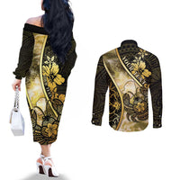 Personalised Niue Couples Matching Off The Shoulder Long Sleeve Dress and Long Sleeve Button Shirt Niuean Crab Waves Style