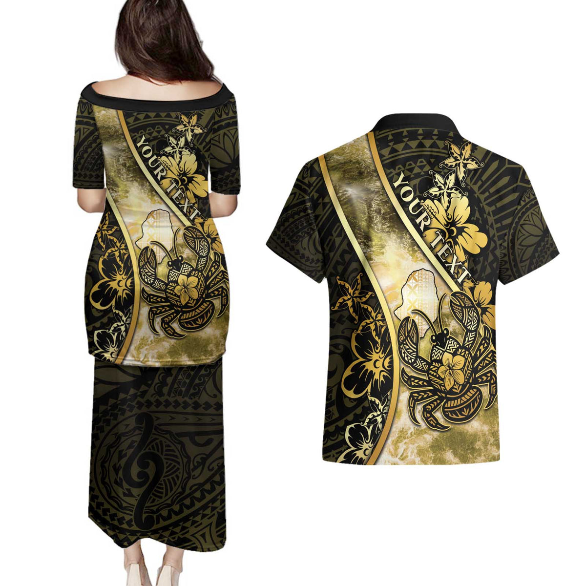 Personalised Niue Couples Matching Puletasi and Hawaiian Shirt Niuean Crab Waves Style