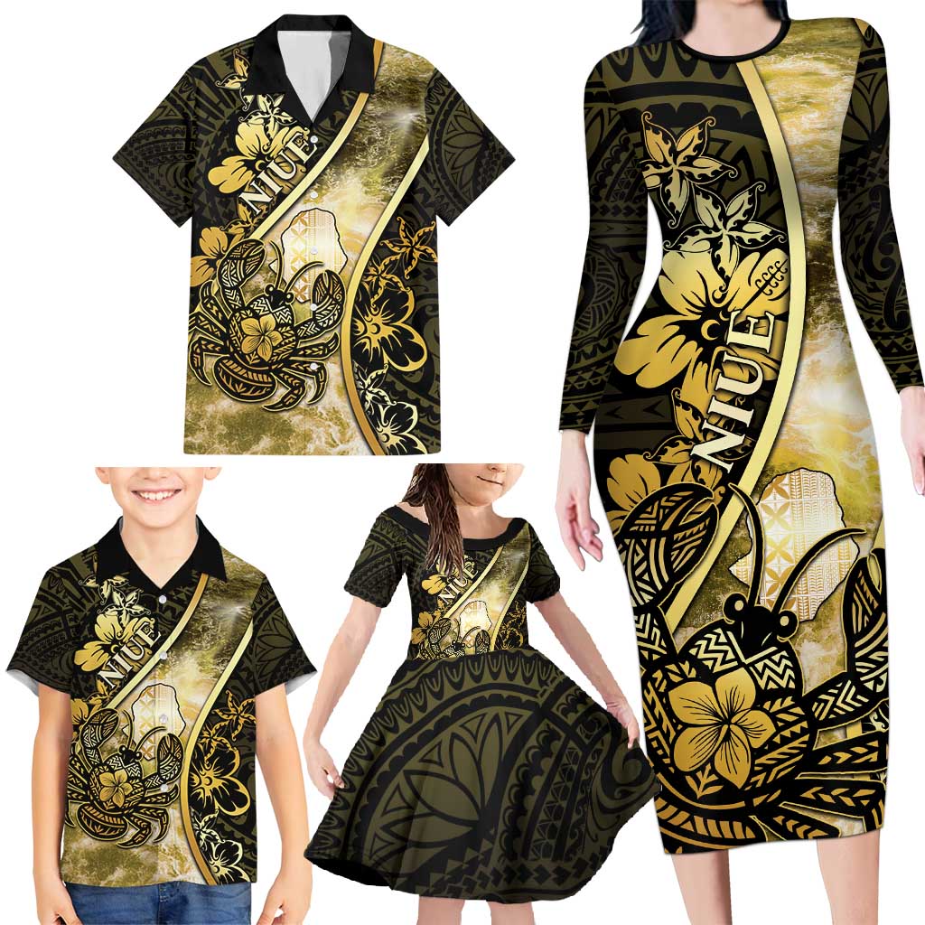 Personalised Niue Family Matching Long Sleeve Bodycon Dress and Hawaiian Shirt Niuean Crab Waves Style DT05 - Polynesian Pride