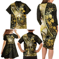 Personalised Niue Family Matching Long Sleeve Bodycon Dress and Hawaiian Shirt Niuean Crab Waves Style DT05 - Polynesian Pride