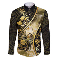 Personalised Niue Family Matching Long Sleeve Bodycon Dress and Hawaiian Shirt Niuean Crab Waves Style DT05 Dad's Shirt - Long Sleeve Gold - Polynesian Pride