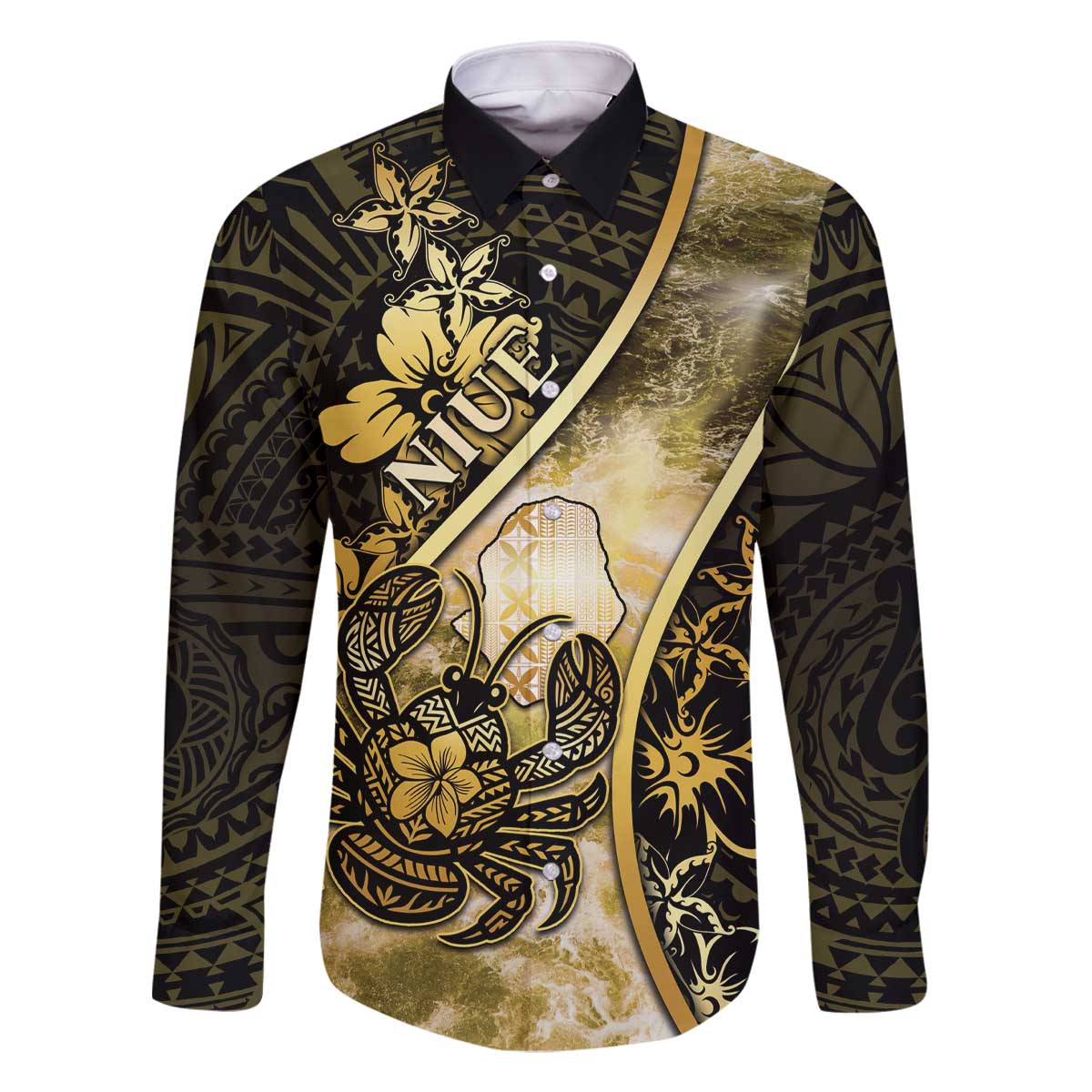Personalised Niue Family Matching Off The Shoulder Long Sleeve Dress and Hawaiian Shirt Niuean Crab Waves Style DT05 Dad's Shirt - Long Sleeve Gold - Polynesian Pride