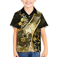 Personalised Niue Family Matching Off The Shoulder Long Sleeve Dress and Hawaiian Shirt Niuean Crab Waves Style DT05 Son's Shirt Gold - Polynesian Pride