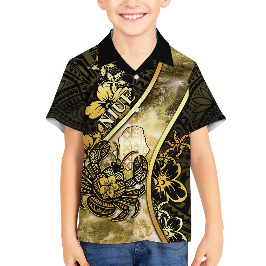 Personalised Niue Family Matching Off Shoulder Maxi Dress and Hawaiian Shirt Niuean Crab Waves Style