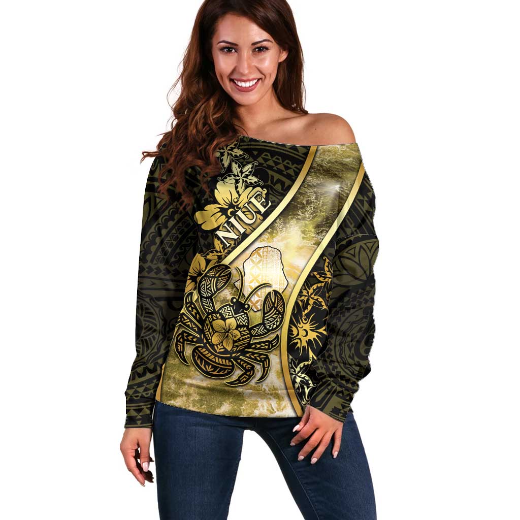 Personalised Niue Off Shoulder Sweater Niuean Crab Waves Style DT05 Women Gold - Polynesian Pride