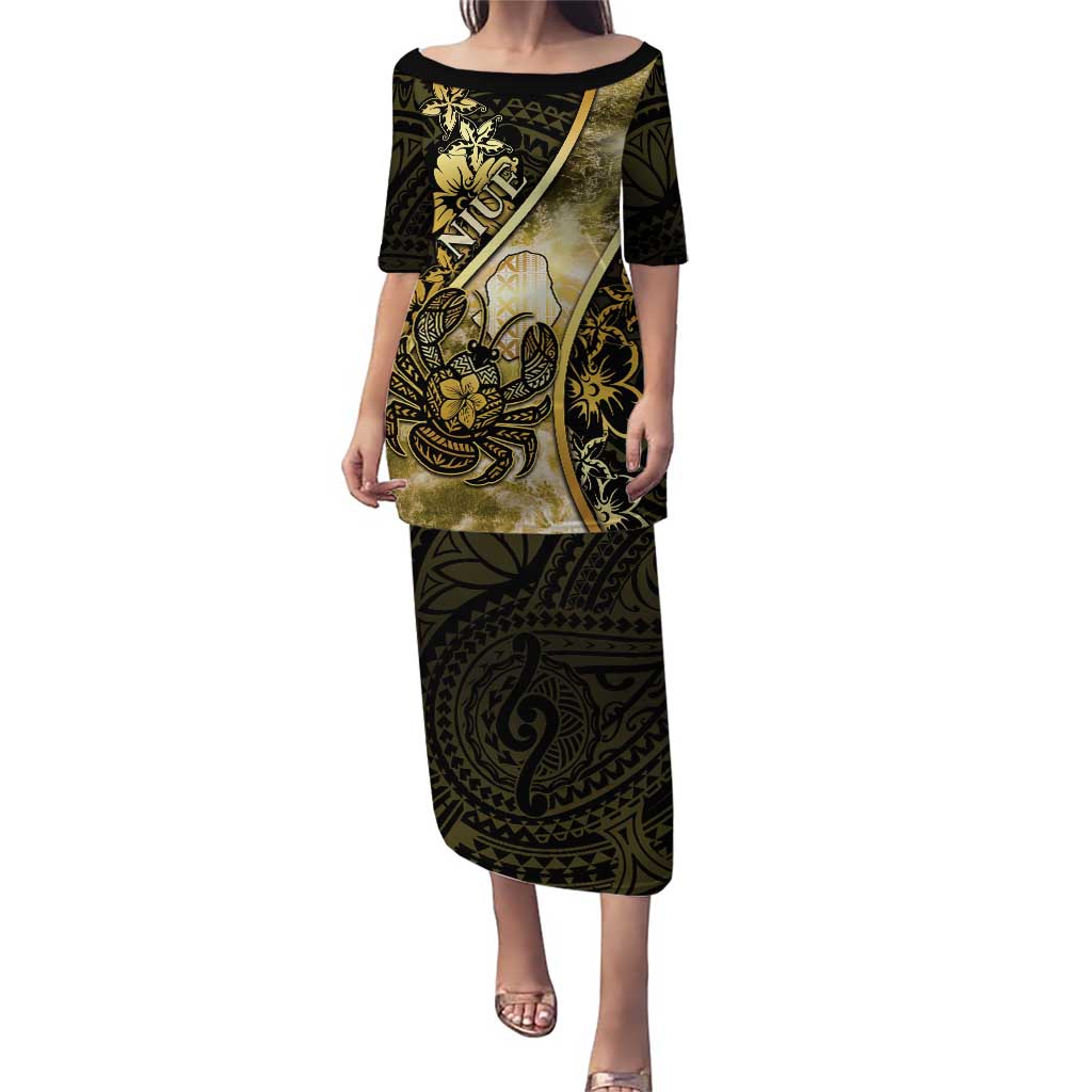 Personalised Niue Puletasi Niuean Crab Waves Style DT05 Long Dress Gold - Polynesian Pride