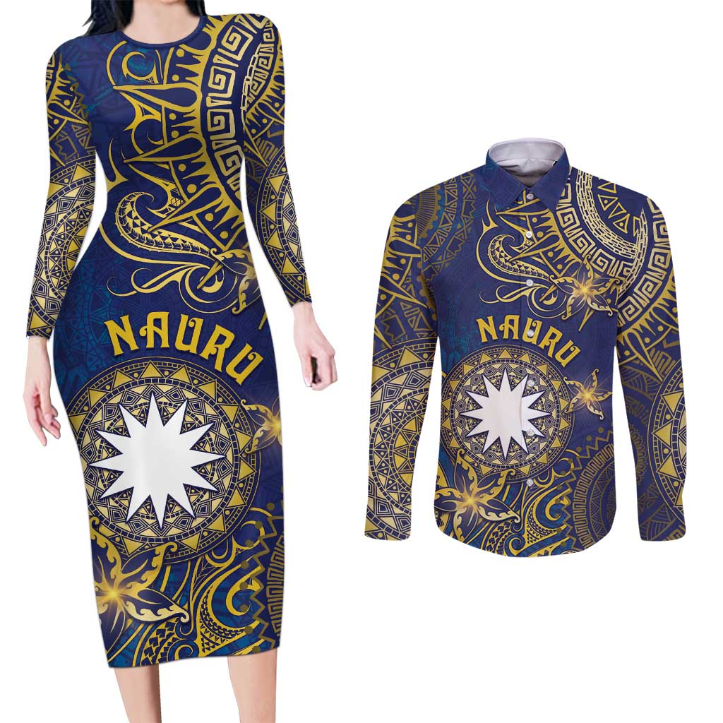 Personalised Nauru Couples Matching Long Sleeve Bodycon Dress and Long Sleeve Button Shirt Hibiscus Polynesian Tribal Pattern DT05 Navy - Polynesian Pride