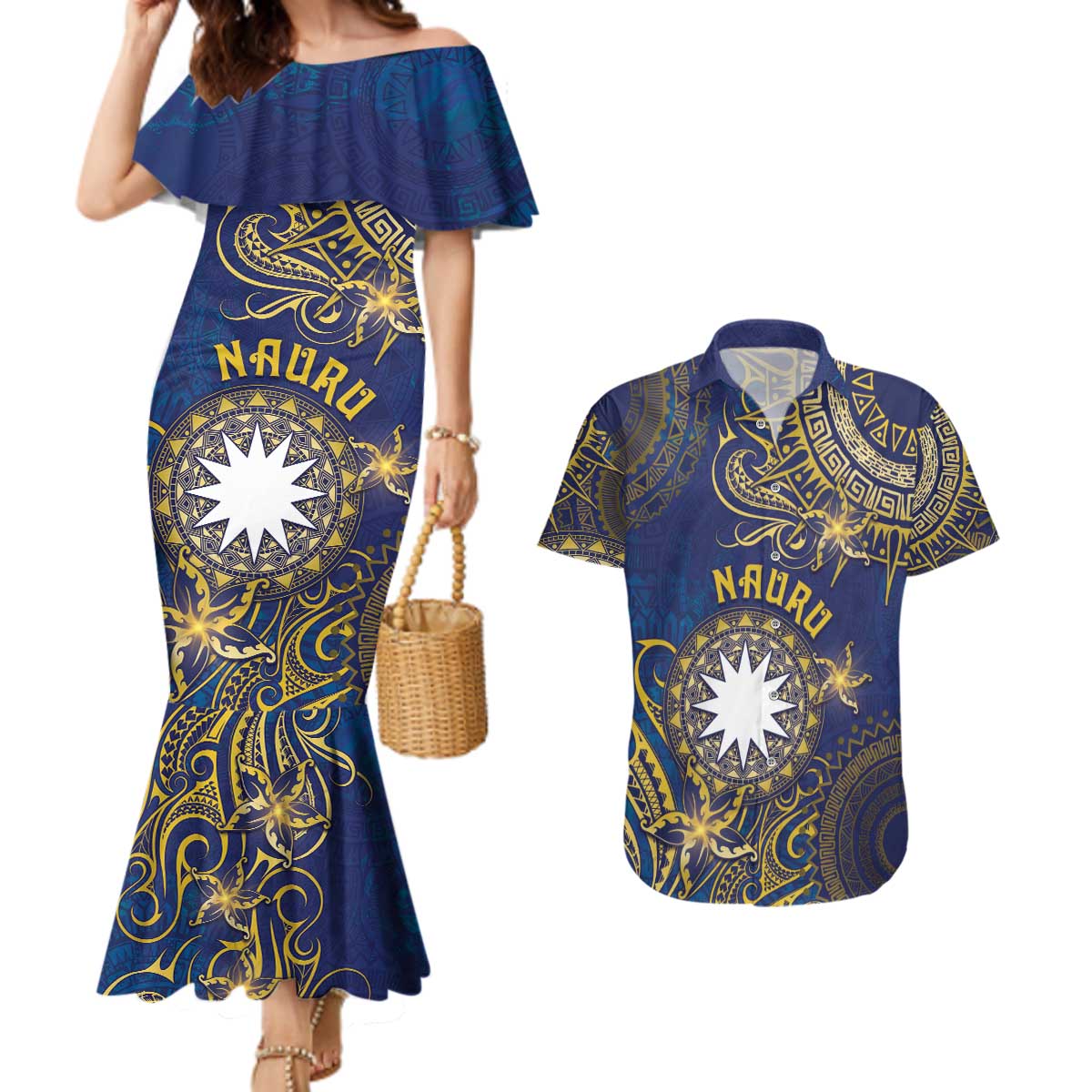 Personalised Nauru Couples Matching Mermaid Dress and Hawaiian Shirt Hibiscus Polynesian Tribal Pattern DT05 Navy - Polynesian Pride