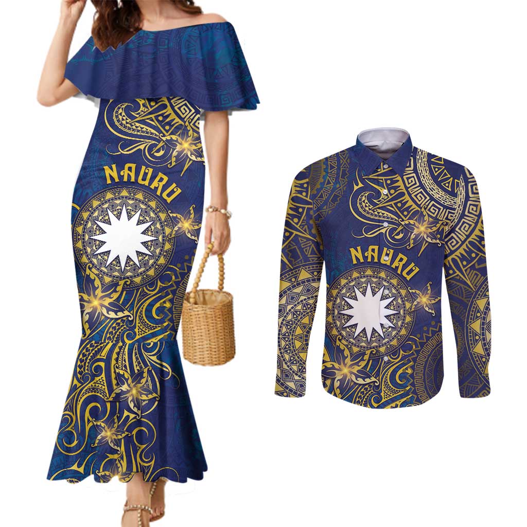 Personalised Nauru Couples Matching Mermaid Dress and Long Sleeve Button Shirt Hibiscus Polynesian Tribal Pattern DT05 Navy - Polynesian Pride