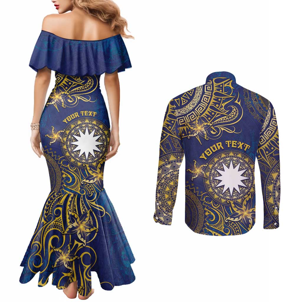 Personalised Nauru Couples Matching Mermaid Dress and Long Sleeve Button Shirt Hibiscus Polynesian Tribal Pattern DT05 - Polynesian Pride