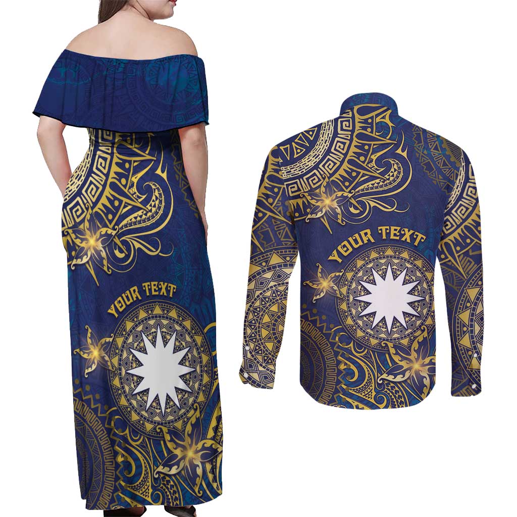 Personalised Nauru Couples Matching Off Shoulder Maxi Dress and Long Sleeve Button Shirt Hibiscus Polynesian Tribal Pattern DT05 - Polynesian Pride
