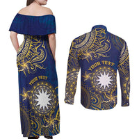 Personalised Nauru Couples Matching Off Shoulder Maxi Dress and Long Sleeve Button Shirt Hibiscus Polynesian Tribal Pattern DT05 - Polynesian Pride